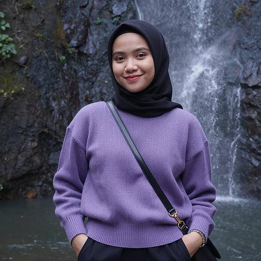 Soft Smiling Woman by Waterfall