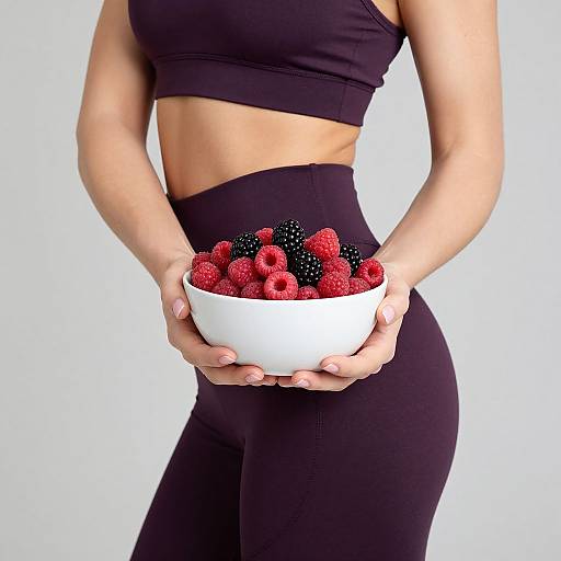 Photograph of a fit woman in black sports bra and high-waisted leggings, holding a white bowl of mixed strawberries and blackberries.