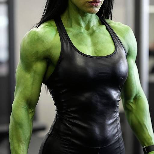 Photograph of a muscular, green-skinned woman with black leather tank top, showing defined arms and shoulders, in a gym setting.