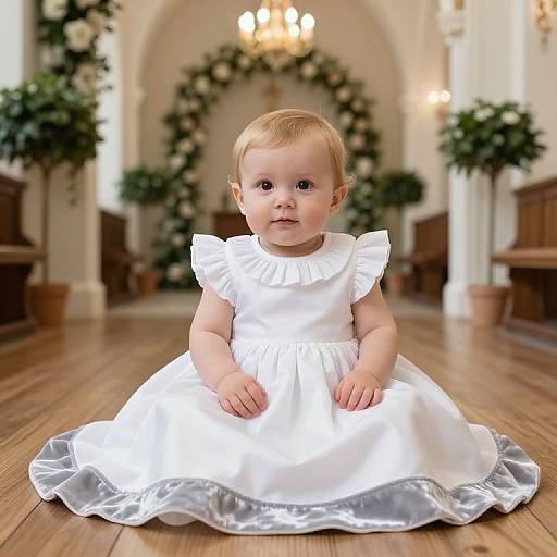 Photograph of a blonde baby girl with fair skin, wearing a white frilled dress, sitting on a wooden floor in a decorated, elegant hallway with