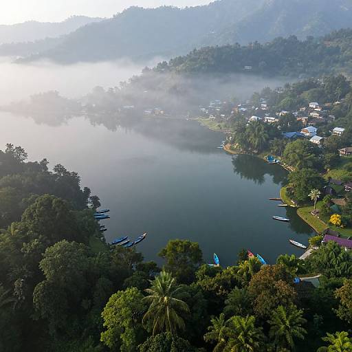 Aerial photograph of a misty lake surrounded by lush green hills, small houses, and several traditional wooden boats docked along the shore.