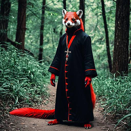 Anthropomorphic Red Weasel in Black Robe with Cross Necklace