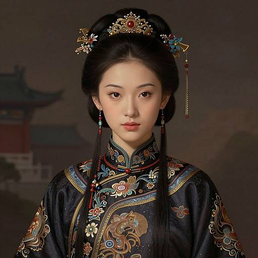 Digital portrait of an Asian woman with fair skin, black hair in an elaborate updo, wearing a detailed, ornate black Chinese robe and gold jewelry