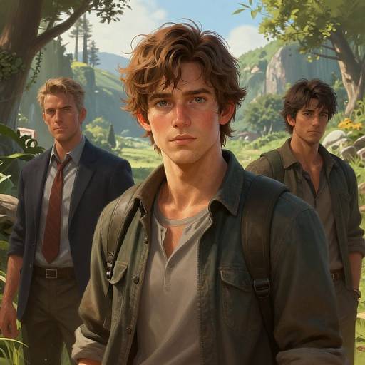 CGI image of three ruggedly handsome men with messy hair in a lush forest; one in suit, two in casual outdoor attire.