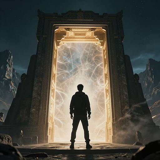 Silhouetted figure stands before glowing, crackling ancient archway in a dark, mountainous landscape, with dramatic light illuminating their back.