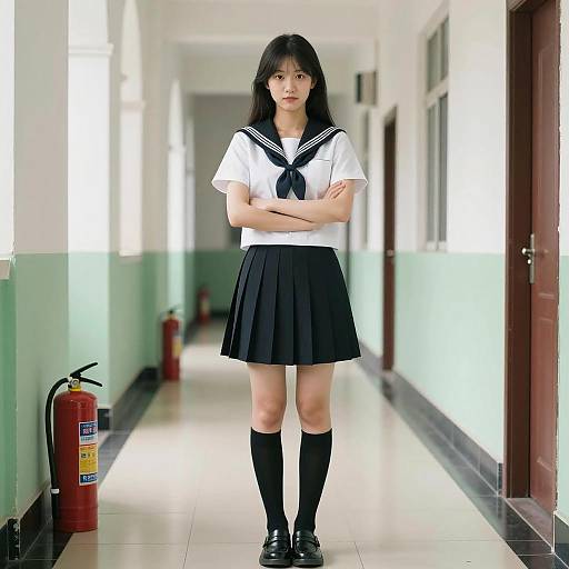 Asian Woman in Sailor Outfit in Hallway