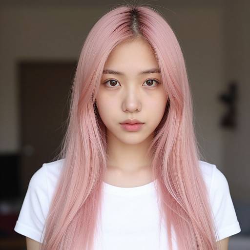 Photograph of an Asian woman with long, pastel pink hair, wearing a white t-shirt, standing in a dimly lit room.