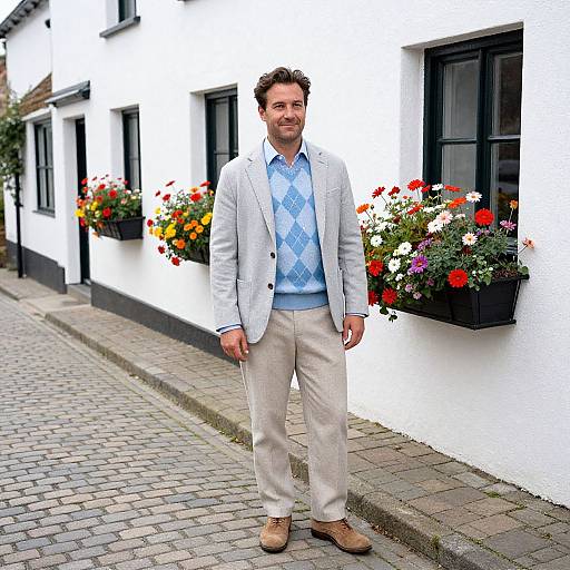 Photograph of a casually dressed man with light brown hair, blue diamond-patterned shirt, beige blazer, and tan pants, standing on a cob