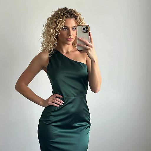 Chic Selfie in Green Satin Dress