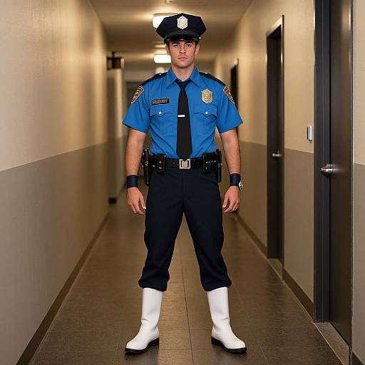 Photograph of a young, muscular male police officer standing in a dimly lit, empty hallway. He wears a blue uniform with black pants, white