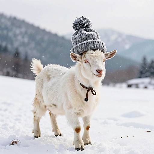 Goat in Knitted Beanie Winter Scene