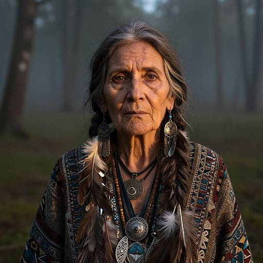 Photograph of an elderly Native American woman with long, braided hair, wearing intricate, patterned clothing, large silver jewelry, and feather adornments