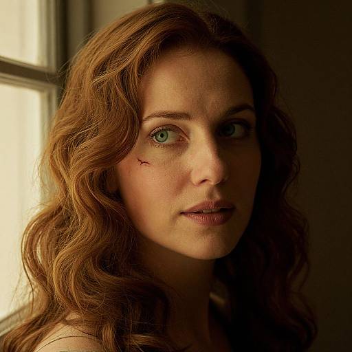 Close-up photograph of a woman with wavy auburn hair, green eyes, a small scar on her cheek, and soft natural light from a