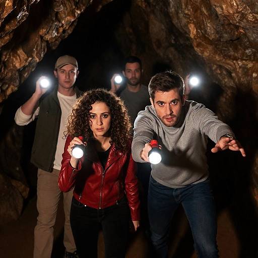 Group Exploring a Dimly Lit Cave with Flashlights