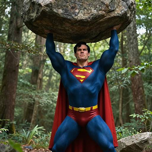 Superman Lifting Boulder in Forest