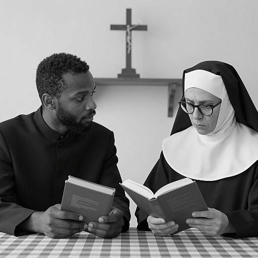 Black and White Photo of Priest and Nun Studying