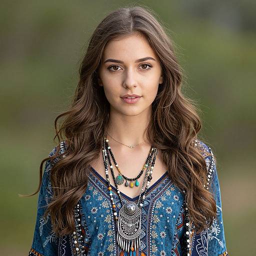 Photograph of a young woman with long wavy brown hair, wearing a blue floral blouse and layered beaded necklaces, standing against a blurred green