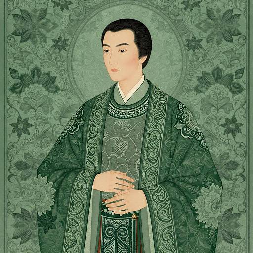 Man in Ornate Green Robe with Floral Background