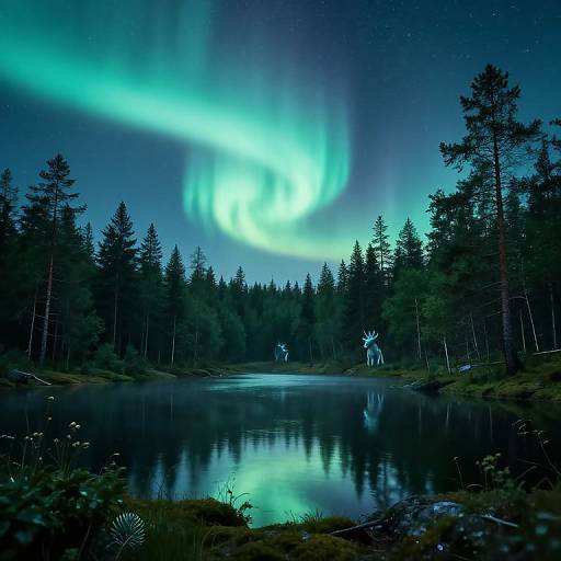 Photograph of a serene forest lake at night, reflecting vibrant green and blue Northern Lights, with tall pine trees and a small white deer silhouette in the