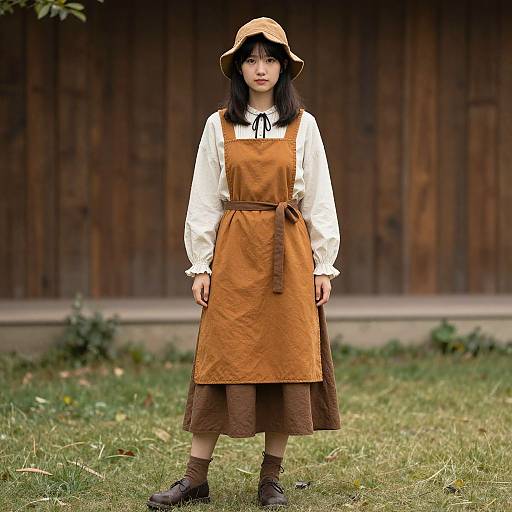Photograph of an Asian girl with straight black hair, wearing a brown pith helmet, white blouse, brown apron, and brown skirt, standing
