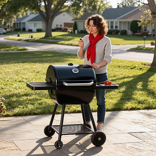 Curly-haired woman in red scarf and gray sweater grills outdoors on black portable barbecue, sunny suburban neighborhood in background.
