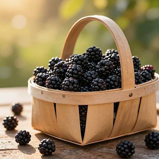 Photograph of a wooden basket filled with fresh, glossy blackberries, sitting on a sunlit wooden table with a few scattered berries. Blurred green