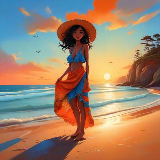 Woman in Blue and Orange Dress on Beach at Sunset