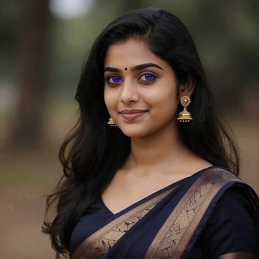Photograph of a young Indian woman with long black hair, purple eyeshadow, black sari with gold border, gold earrings, and bindi