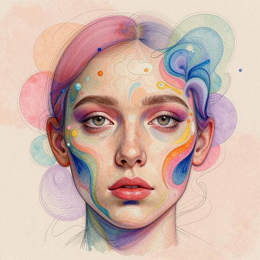 Digital portrait of a young woman with colorful, swirling paint-like patterns on her face, pink and blue hair, and expressive eyes, set against a white