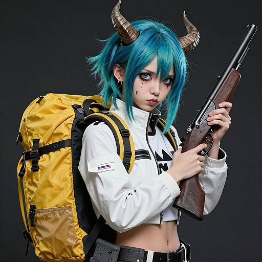 Digital artwork of a blue-haired, horned, anime-style girl with piercings, white crop top, yellow backpack, holding a rifle, dark