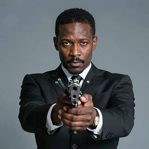 Black Man in Black Suit Aiming Four-Barrel Handgun