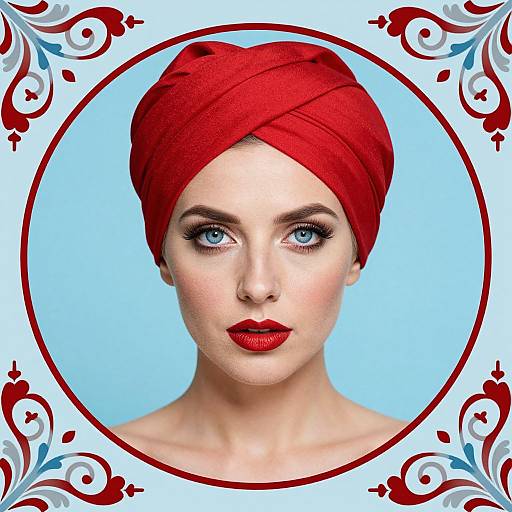 Photograph of a fair-skinned woman with striking blue eyes, wearing a vibrant red head wrap, bold red lipstick, and a light blue background with