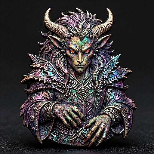 Digital artwork of a horned, armored demon with glowing red eyes, intricate multicolored armor, and detailed metallic textures against a black background.