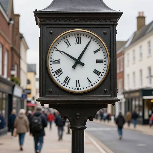 Photograph of a vintage black clock with Roman numerals, standing on a busy street with blurred pedestrians and historic buildings.