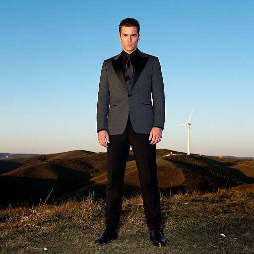 Man in Tuxedo by Wind Turbines