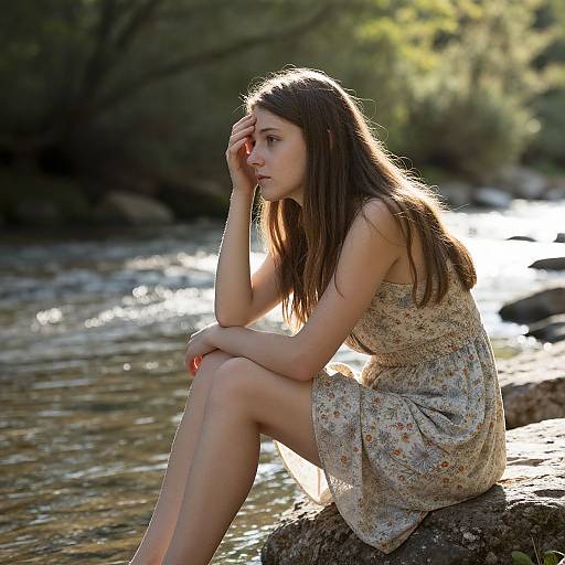 Photograph of a young woman with long brown hair, wearing a floral dress, sitting on a rock by a sunlit, flowing river, lost in