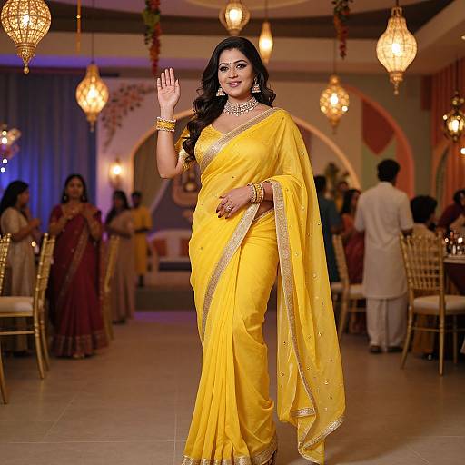 Photograph of an Indian woman in a vibrant yellow saree with gold trim, jewelry, and long hair, waving in a warmly lit, elegant hall