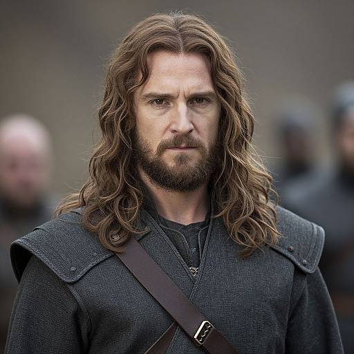 Photograph of a serious, middle-aged man with long brown hair, beard, and gray medieval-style robe, blurred background, outdoors.