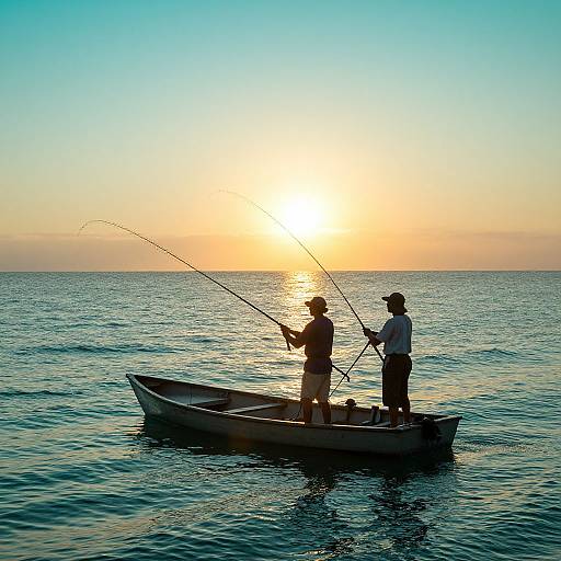 Photograph of two silhouetted men fishing in a small boat at sunset, golden sun reflecting on calm ocean water.