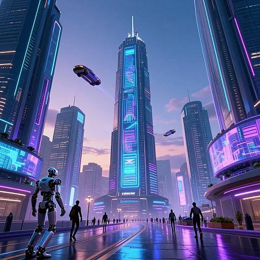 Digital art of a futuristic cityscape with neon-lit skyscrapers, flying cars, and people walking on a glossy street. Vibrant blues,