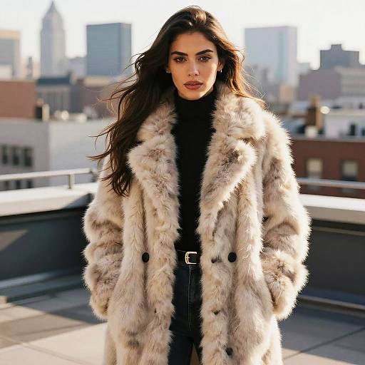 Photograph of a brunette woman with long hair, wearing a beige fur coat over a black turtleneck, standing on a rooftop with a cityscape