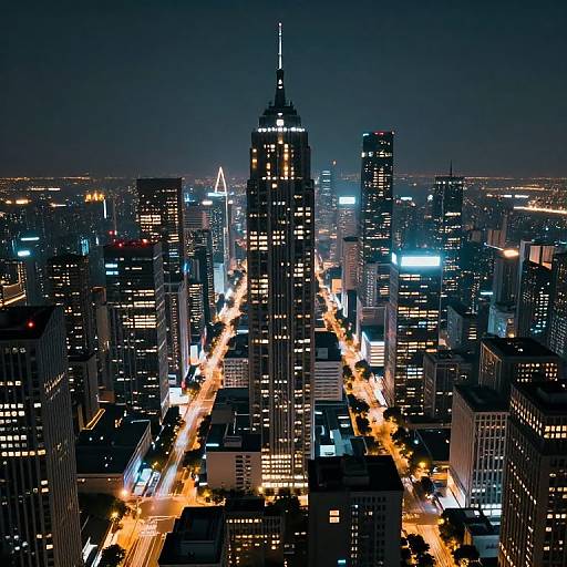 Aerial night photograph of a bustling cityscape, featuring illuminated skyscrapers, glowing streetlights, and a central, towering building with a spire