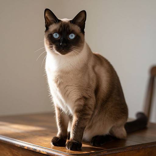 Photograph of a Siamese cat with bright blue eyes, dark ears and face, and cream fur, sitting on a wooden table with sunlight illumin