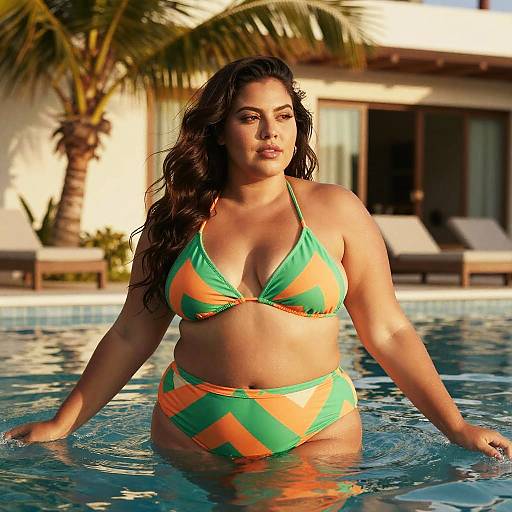Plus-Size Latina Woman in Tropical Pool