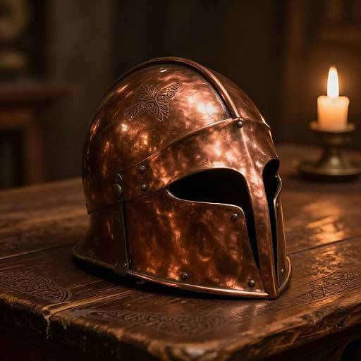 Photograph of a reflective, copper medieval knight's helmet with floral engravings, placed on a carved wooden table with a lit candle in the blurred