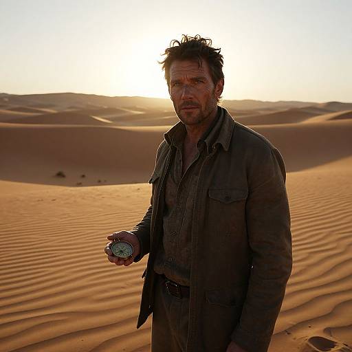 Photograph of a rugged, middle-aged man with disheveled hair, holding a compass in a sunlit, rippled desert landscape.