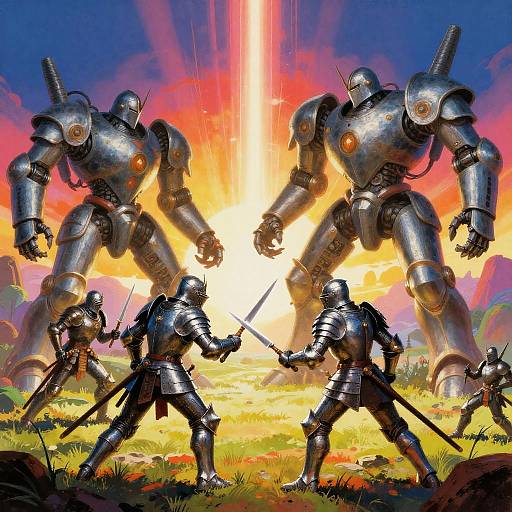 Digital fantasy artwork: Two armored knights duel swords in foreground, two massive robotic warriors loom in background under a bright, colorful sunset.
