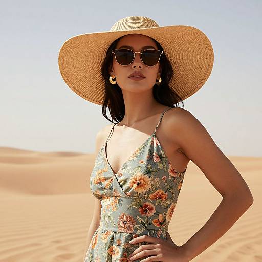Photograph of a woman with tan skin, black hair, wearing a wide-brimmed straw hat, sunglasses, floral dress, and gold earrings,
