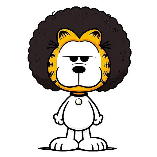 Cartoon-style drawing of a white, anthropomorphic lion with a large black afro and yellow-orange facial markings, standing with a neutral expression.