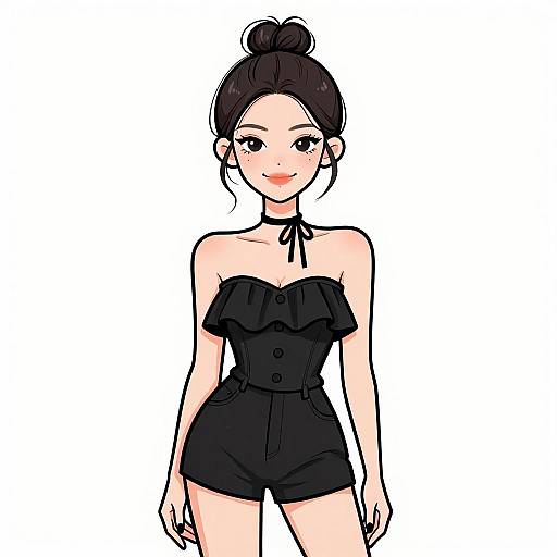 Chic Woman in Black Strapless Romper